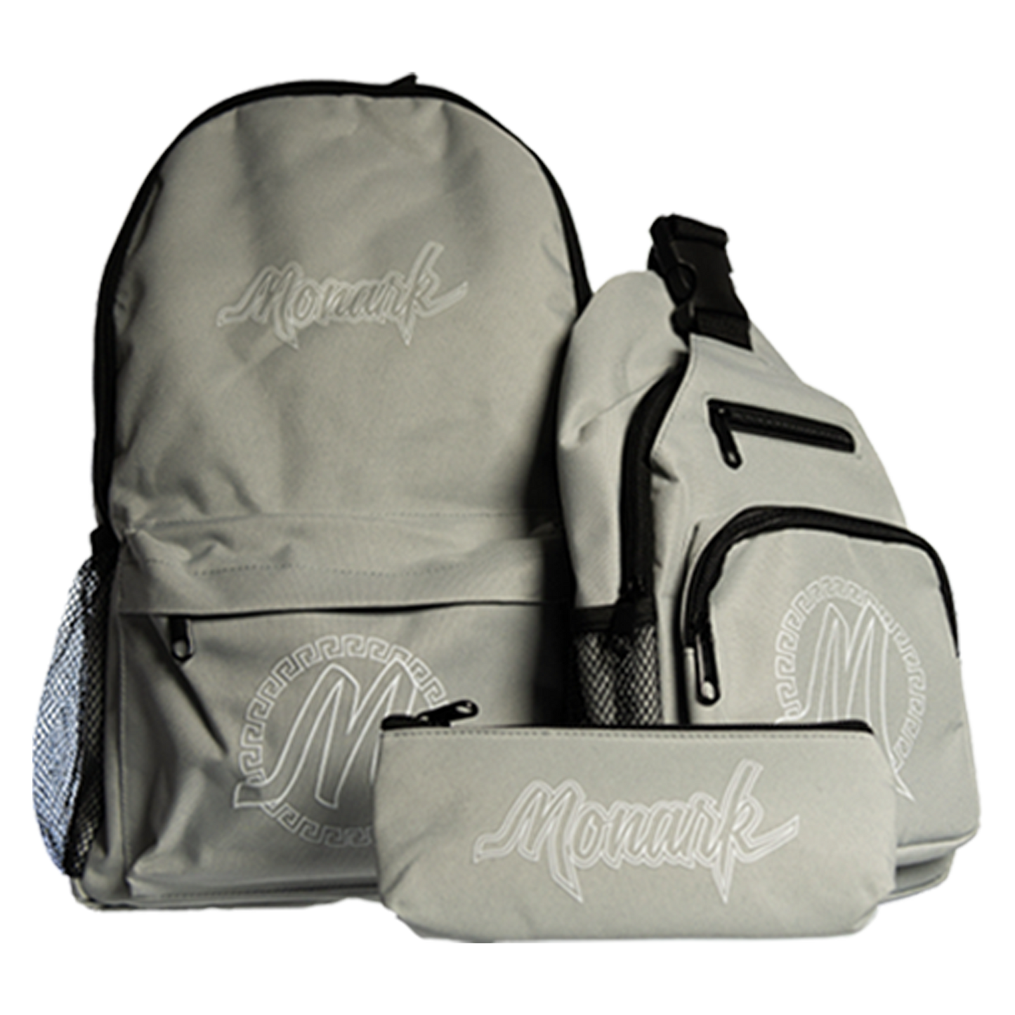 Gray Monark Backpack w/ Gray Shoulder Bag & Gray Pouch