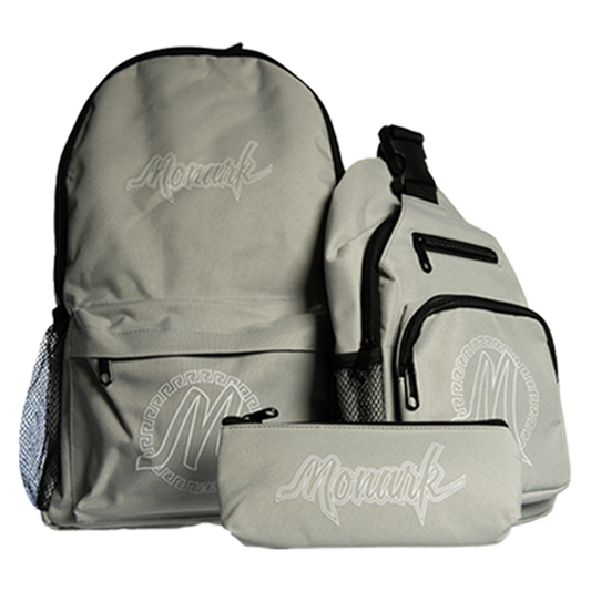 Gray Monark Backpack w/ Gray Shoulder Bag & Gray Pouch
