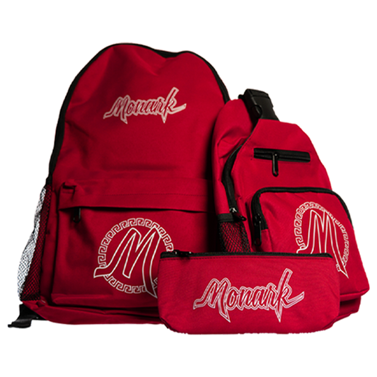 Red Monark Backpack w/ Red Shoulder Bag & Red Pouch